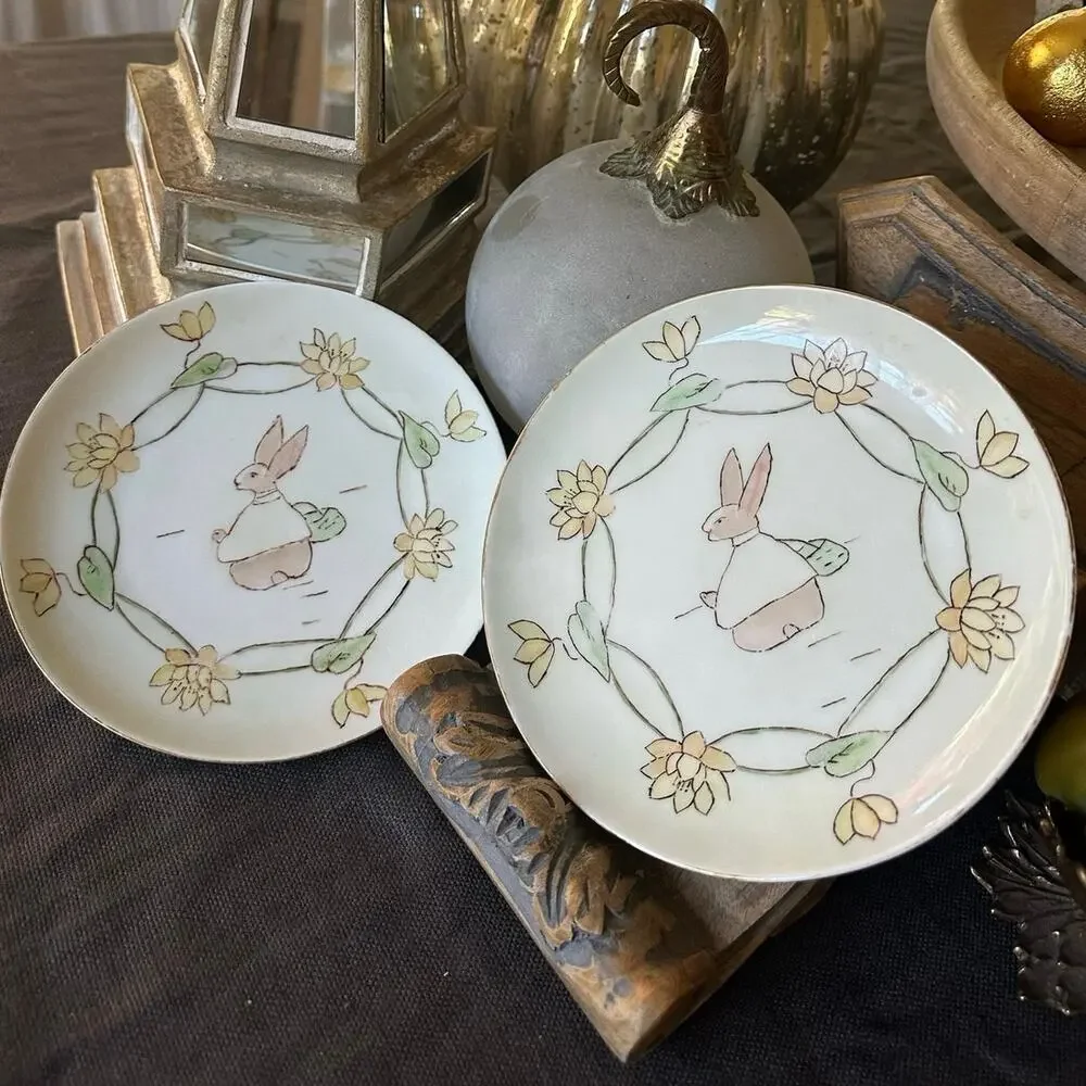 Antique MZ Austria bunny dessert Plates Set of 2 White Gold Gilt children 7”